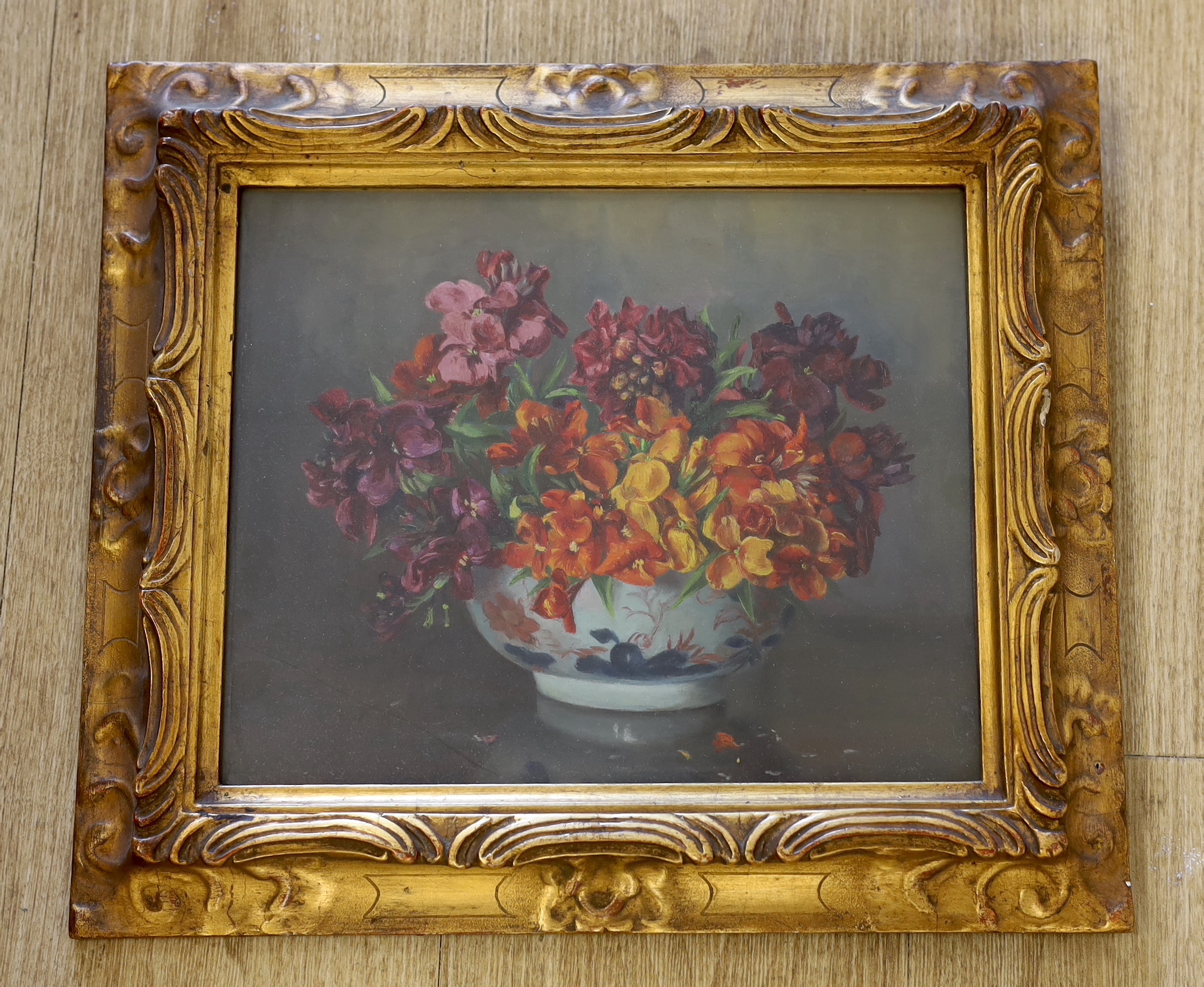 Mabel M. Douglas (20th century), oil, Still life of flowers in a bowl, together with two Jean Hardy French pencil signed colour etchings, largest 47 x 37cm